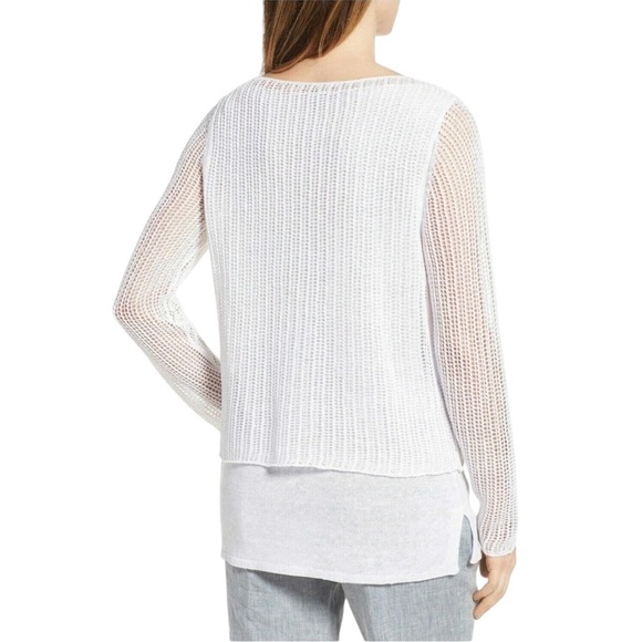 Eileen Fisher Linen Knit Mesh Overlay Tiered Layered Sweater Top White Size XXS - Picture 3 of 12